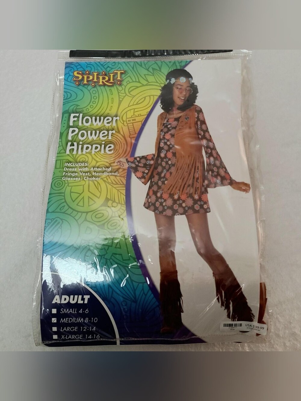 Spirit Flower Power Hippie Costume - Brown Floral with Tan Fringe